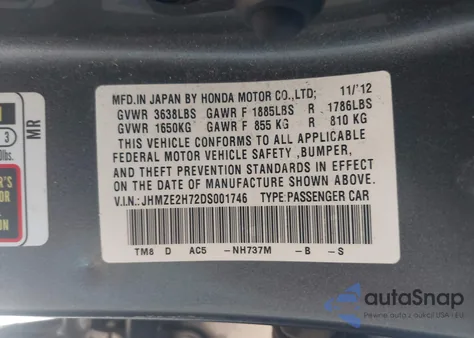2013 Honda Insight Ex from USA, damaged, VIN JHMZE2H72DS001746